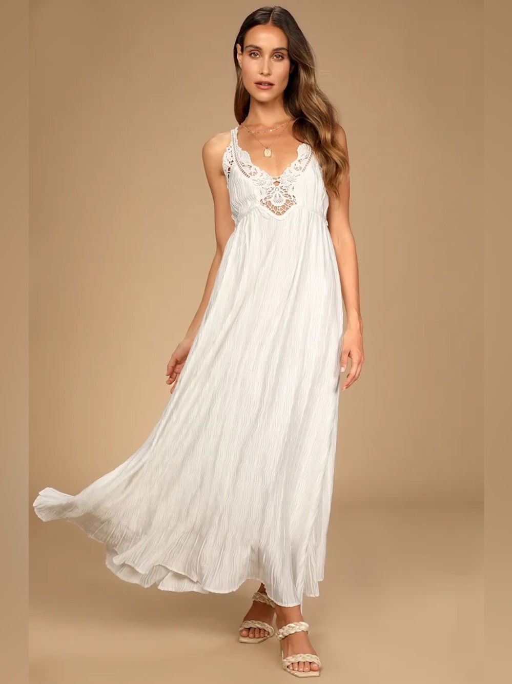 Lulus Alluring Aura White Crochet Lace Crinkle Backless Maxi Dress